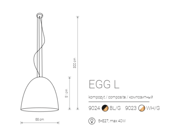 Notranja Stropna, EGG L, Nowodvorski , 5xE27, max 40W, IP20, bela/zlata, shema