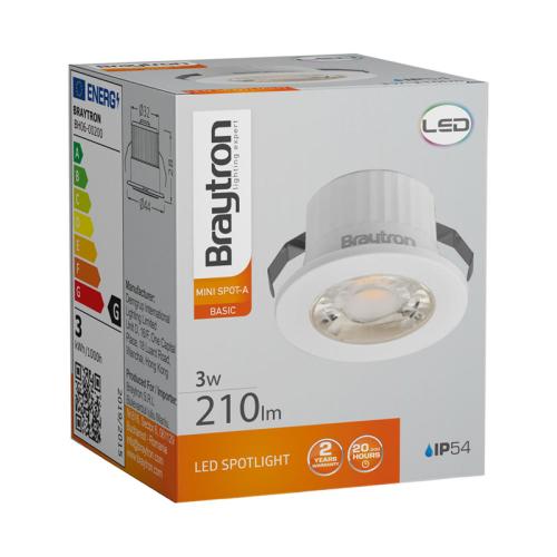 MINISPOT A STROPNA VGRADNA SVETILKA BRAYTRON LED 3W TOPLO BELA IP54 BELA